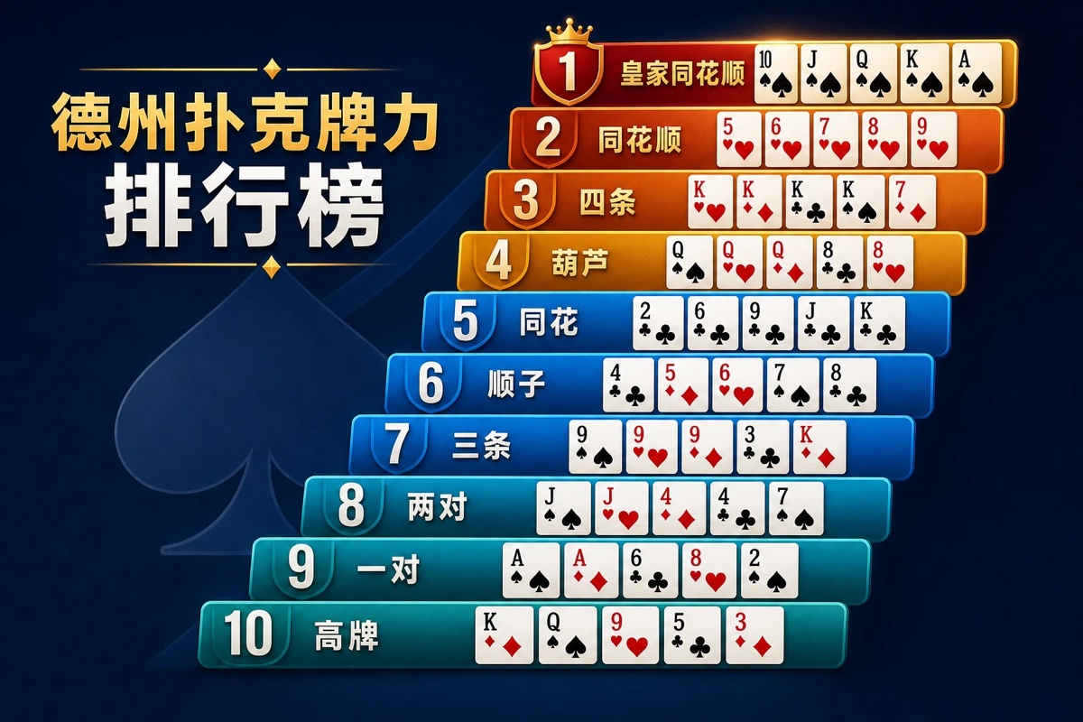 德州扑克十级牌型从皇家同花顺到高牌的强弱排序表