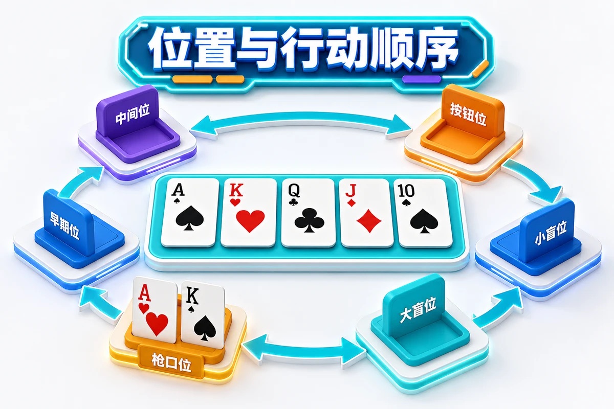 德州扑克六个座位的行动顺序：枪口位、早期位、中间位、按钮位、小盲、大盲